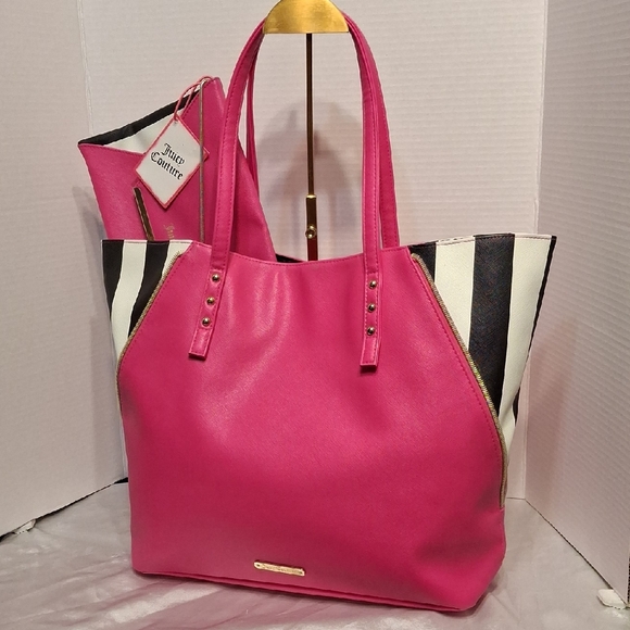 Juicy Couture Handbags - Juicy Couture Vibrant Pink Clutch/Crossbody & Tote Set Black and White Stripes